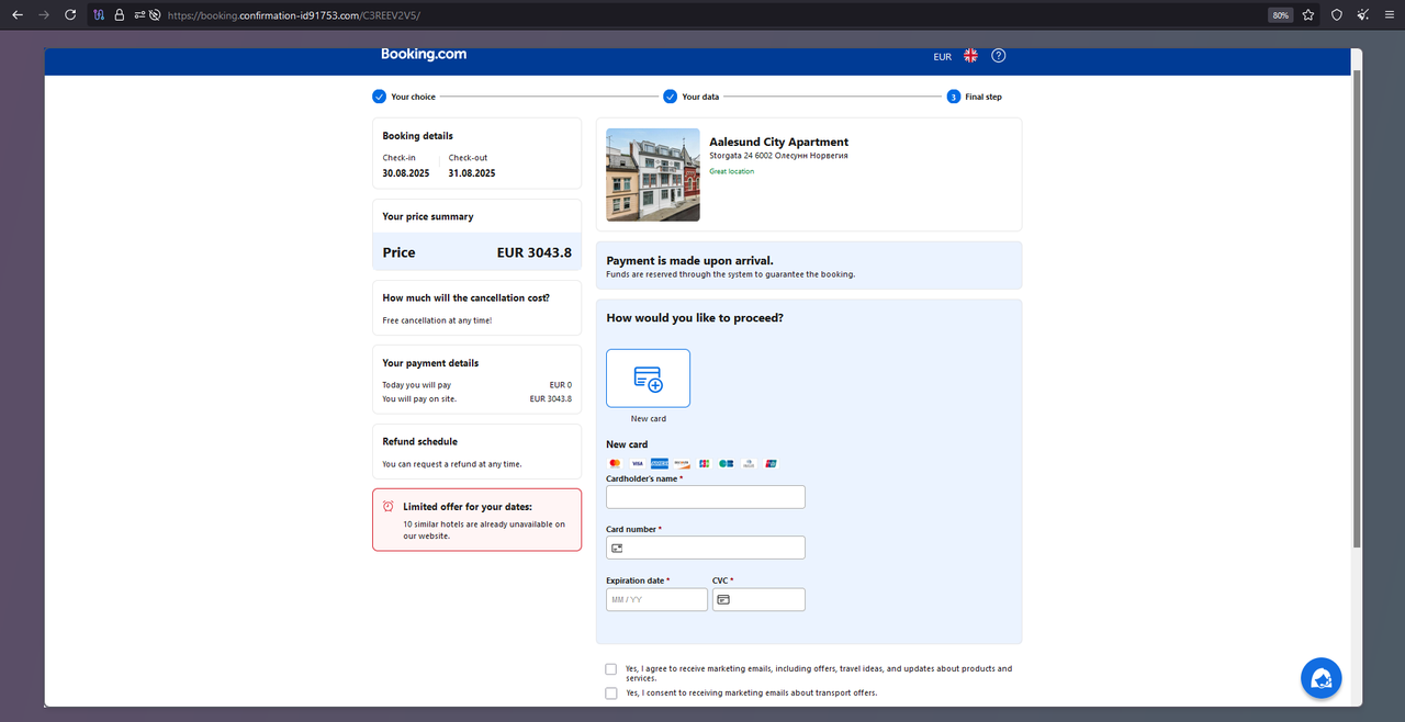 Tor Browser Screenshot of the above-described credit card harvesting page. The hotel is still the Aalesund City Apartment. No CC data has been filled in.
